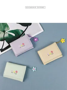 Three-fold PU leather floral wallets in purple, beige and mint green with flower charms