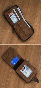 Detail view of large capacity interior with card slots and coin pocket in brown wallet