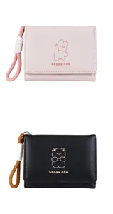 Close-up of cute cartoon bear print tri-fold wallets in pink and black with lanyards