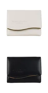Detail of short wallets featuring wave-shaped gold metal trim and textured leather