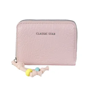 Pink minimalist beaded zipper wallet with litchi grain texture and silver classic star print