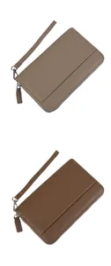 Detailed view of large capacity pebbled leather long wallets in khaki and dark brown