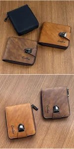 Close-up of vintage leather wallet with metal buckle and zipper detailing in three colors