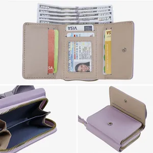 Elegant purple tri-fold faux leather wallet for women with multiple card slots and coin pocket