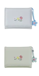 Short tri-fold PU floral wallets in light blue and green with decorative flower pendants