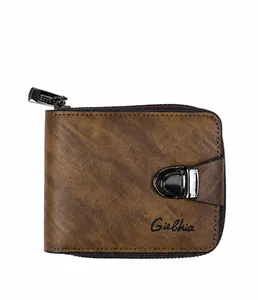 Close-up of vintage brown leather wallet texture with zipper and metal snap button detail