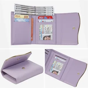 Short lavender tri-fold wallet for women with elegant wave gold trim and multi-card slots