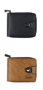 Front view of men short wallets in black and brown faux leather with zip closure