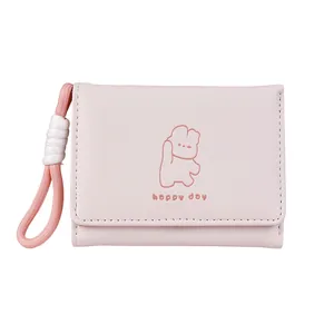 Pink trifold wallet with cute rabbit print and woven lanyard for women and students