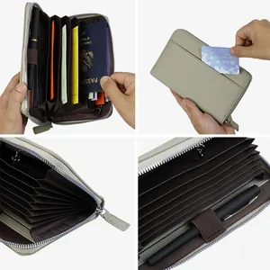 Green long travel wallet with accordion structure for passport and card storage