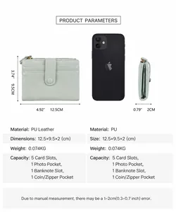 Detail view of mint green bifold wallet with size comparison to a smartphone