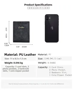 Especificaciones de tamaño de una cartera minimalista de cuero PU negro para hombre con cotas