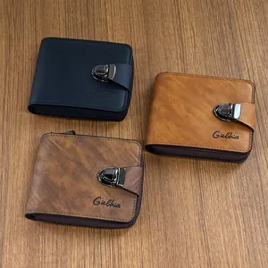 Vintage business short wallets for men with metal buckle and zipper in three colors