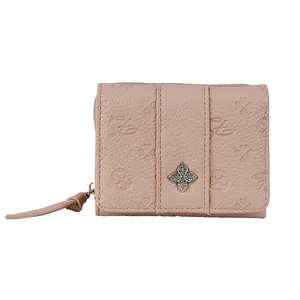 Pale pink clover embossed short tri-fold wallet for women with silver floral hardware
