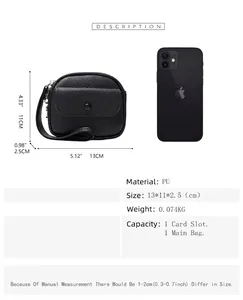 Detailed size parameters of the black PU leather wristlet purse with phone comparison