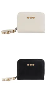 Close-up of minimalist short zipper wallets with cute bear patterns and wrist straps
