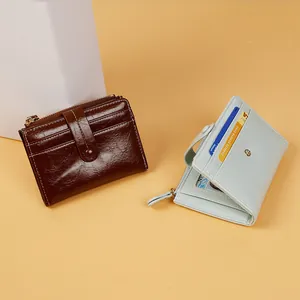Vintage Cracked Texture PU Leather Short Bifold Wallet For Women Multiple Card Slots Zipper Coin Purse Small Snap Closure Purse