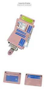 Portafoglio in ecopelle rosa con fessure per carte, cerniera e dettaglio portamonete