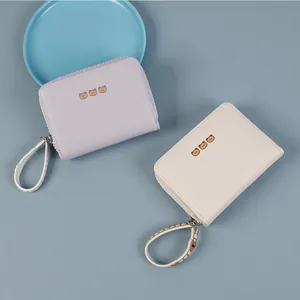 Cute bear print square mini wallets in purple and cream with zip and hand strap