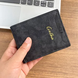 Vintage black matte leather bifold wallet for men with multi-card slots and gold logo