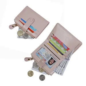 Pink vintage crackle leather short bifold wallet with multiple card slots and coin pocket