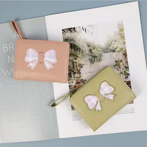 Korean Style Bow Bifold Wallet Cute PU Leather Short Wallet With Zipper For Women Girls Plaid Pattern Coin Purse Gift