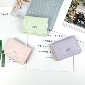 Women Mini Tri-fold Wallet PU Leather Cute Bow Macaron Color Short Purse For Credit Cards Cash Daily Sweet Style Pocket Wallet