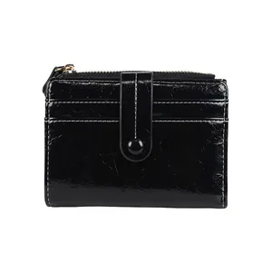 Vintage black crackle leather bifold wallet for women with zipper and card slots