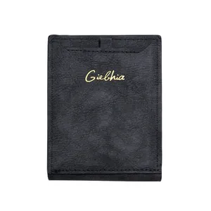 Classic black leather bi-fold wallet for men with gold branding on a white background