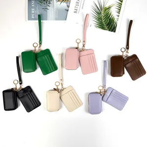 PU leather multi-card holder set with zipper coin pouch and wristlet strap in six colors