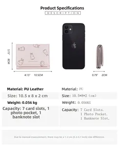 Pink PU leather wallet with rabbit print, showing dimensions and internal card slots