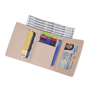 Pink trifold leather wallet for women with card slots and a clear ID window