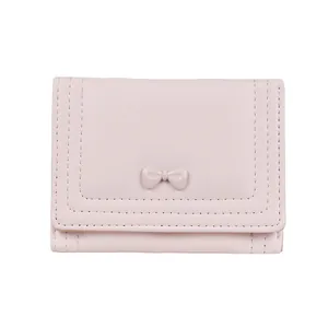 Pink trifold wallet with bow decoration, minimalist light pink purse for women