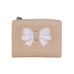 Cute pink PU leather bifold wallet with plaid bow accent and secure zipper closure