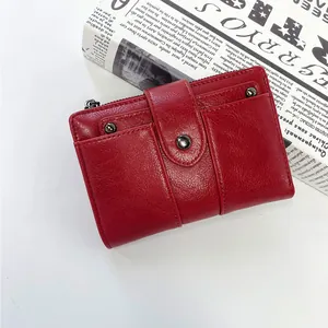 Portefeuille Femme Vintage en Cuir PU Court Bivolet Porte-Cartes de Crédit Multi-emplacements Avec Rivets et Poche Zippée