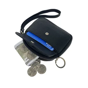 Black lychee leather wallet with wristlet strap, zipper pocket and silver snap button