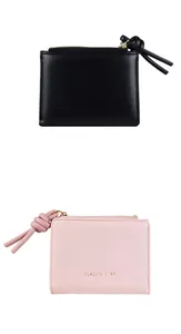 Vertical view of minimalist small square wallets with knot zippers in black and pink leather
