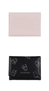 Detail view of pink and black cat illustration PU leather tri-fold short wallets