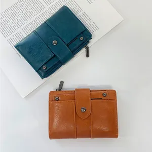 Portefeuille court vintage en cuir PU pour femme avec pression et fermeture éclair latérale