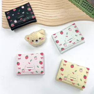 Portefeuille mignon style coréen motif fraise et nœud pour femme en quatre tons pastels