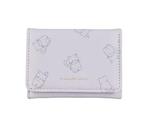 Detail of light purple PU leather wallet with cat patterns and gold minianimal text