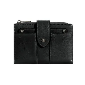 Portefeuille court en cuir PU noir pour femme avec bouton pression et poche zippée