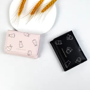Women Cute Cartoon Animal PU Leather Short Folding Wallet Fashion Small Card Holder Purse With Rabbit Cat Dog Print