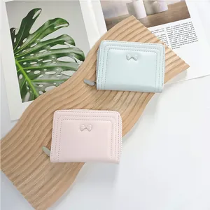 Women Short Wallet Sweet Bowknot PU Leather Zip Purse Small Card Holder Macaron Color Coin Pocket For Girls Daily Use