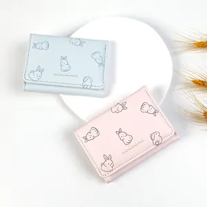 Cute Korean style PU leather tri-fold wallet with cartoon rabbit pattern in pink and blue