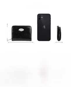 Detailed views of silver wrinkled bifold zipper wallet with dimensions and phone scale