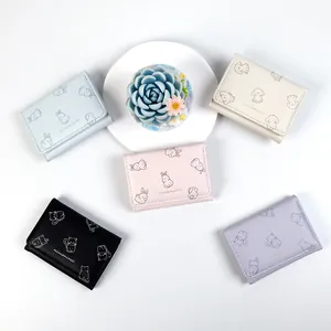 Cute cartoon animal mini tri-fold PU leather wallets for women in five assorted pastel colors