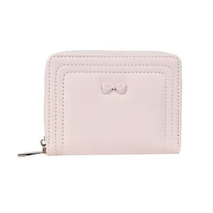 Pink short zip-around wallet with bow decoration for women, high-quality synthetic leather
