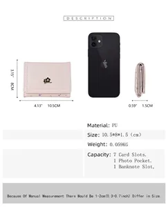 Spécifications du portefeuille rose à fleurs montrant les dimensions et emplacements cartes