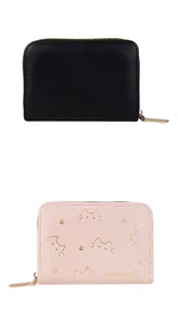 Vista vertical de carteras de cuero PU de gato lindo en rosa y negro con cremallera dorada